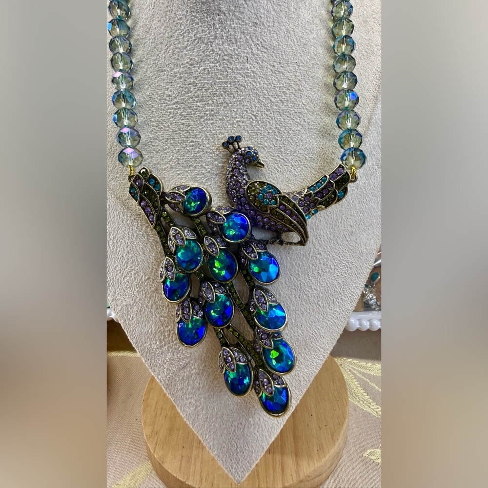 Elegant AB Glass Blue and Green Peacock Necklace